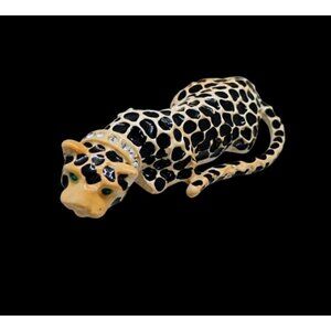 Vtg Leopard Cheetah Brooch Enamel Rhinestone Collar Green Sparkly Eyes Gold Tone